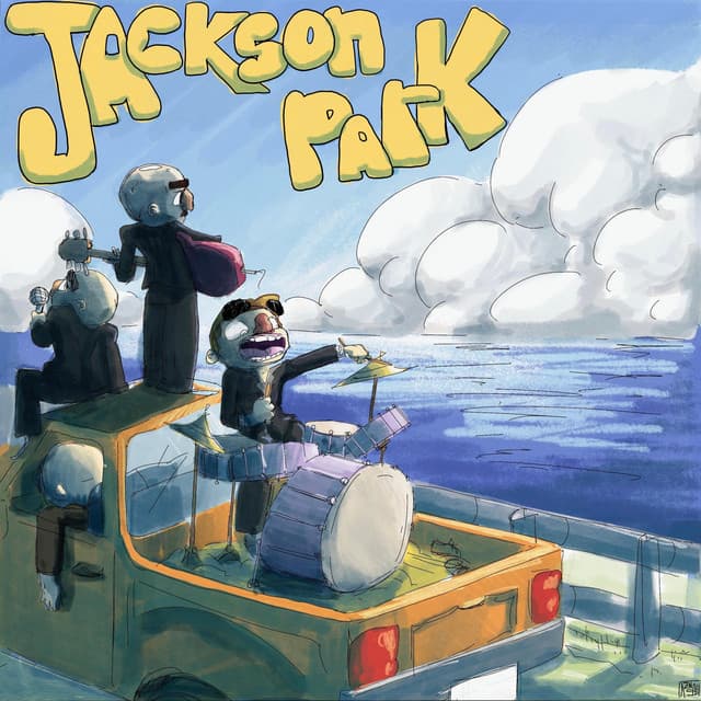 Jackson Park album artwork: the band illustrated playing in a pickup truck beneath a blue sky